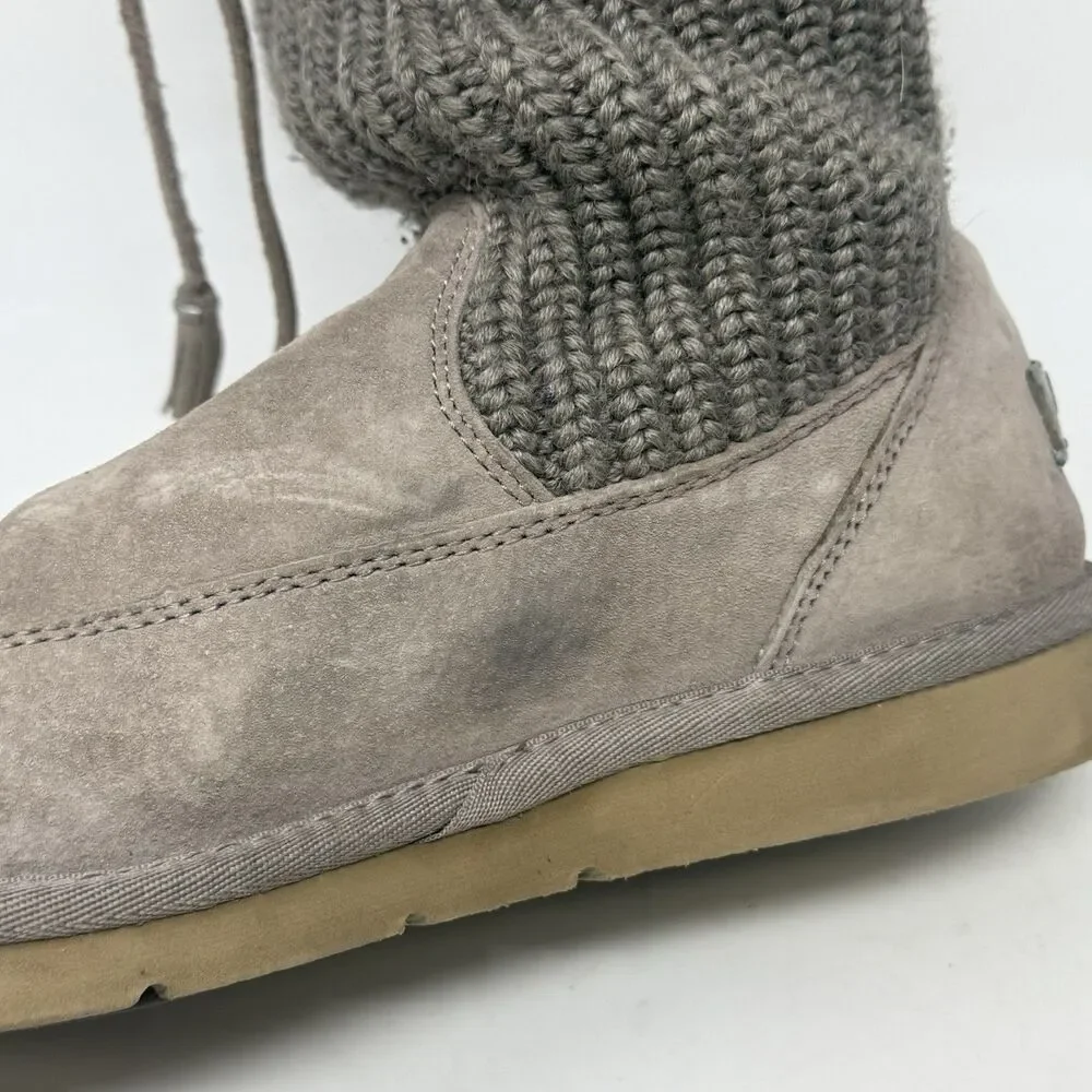 UGG Suburb Shearling Knitted Boots Womens 8 Sand Brown Suede Leather Mid Calf